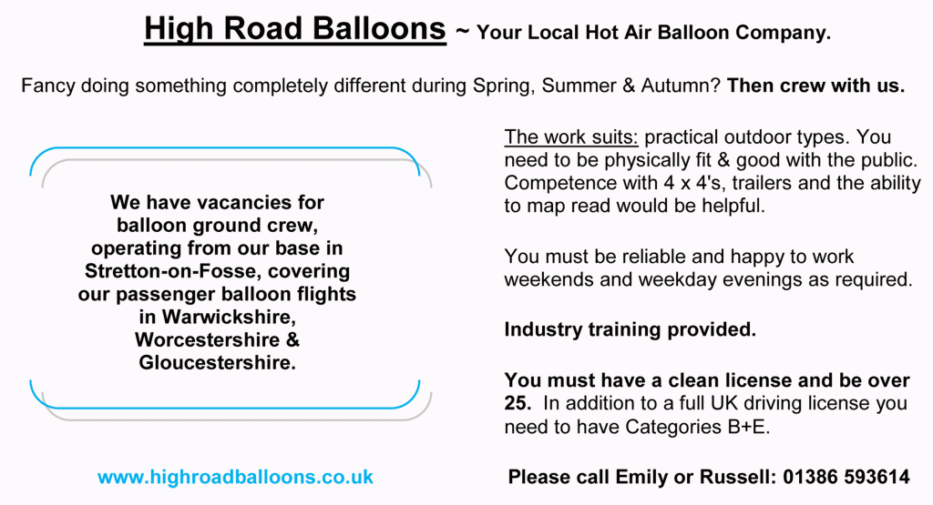 Ground Crew Positions Available with High Road Balloons
